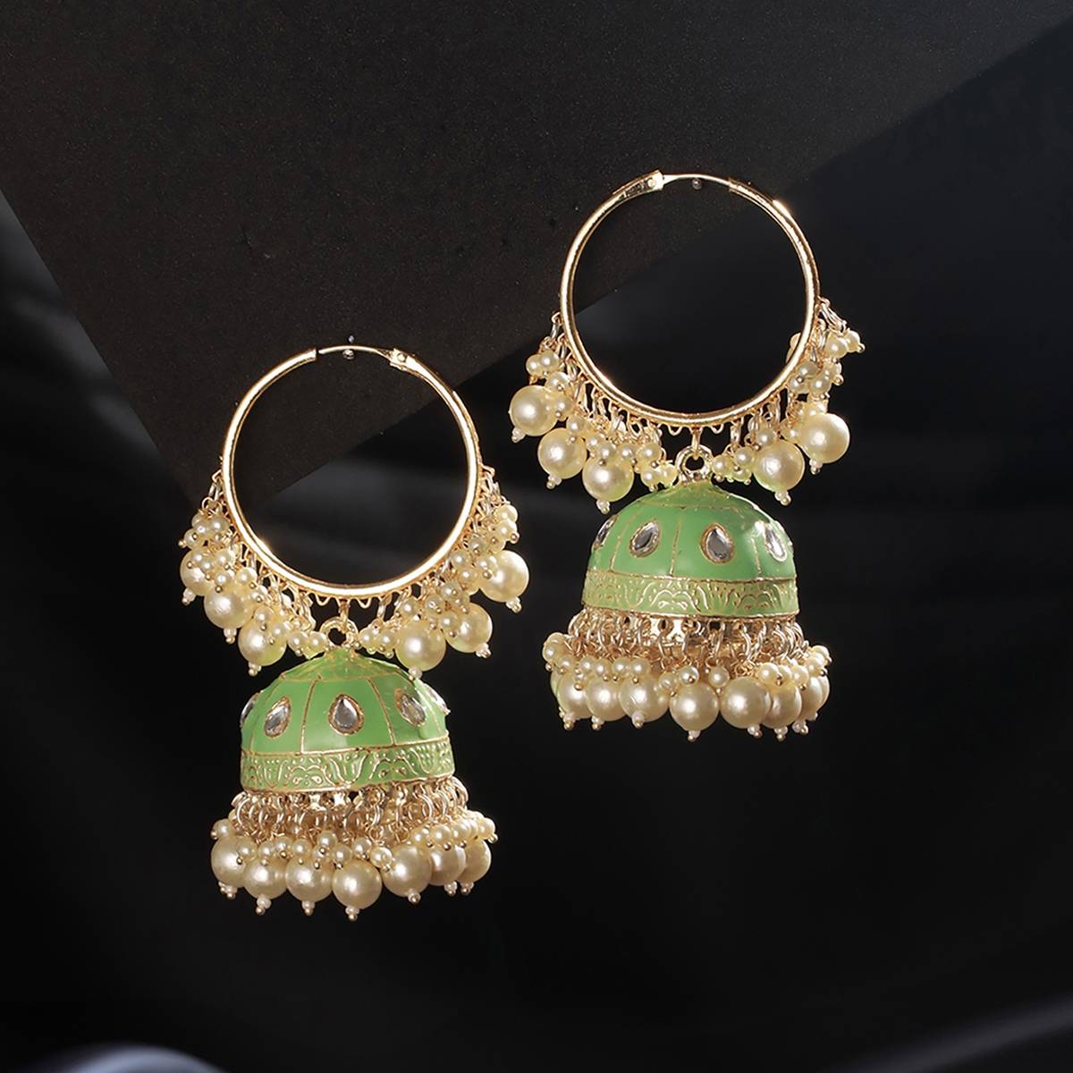 Aatmana Gold-Toned & Green Contemporary Kundan Studded Meenakari Earrings