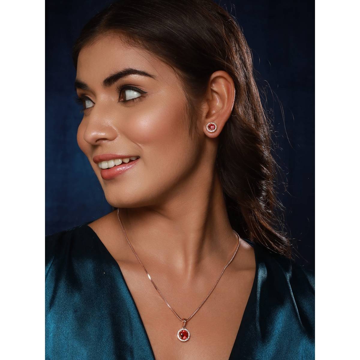 Aatmana Rose Gold-Plated Red AD Stone-Studded Pendent Set
