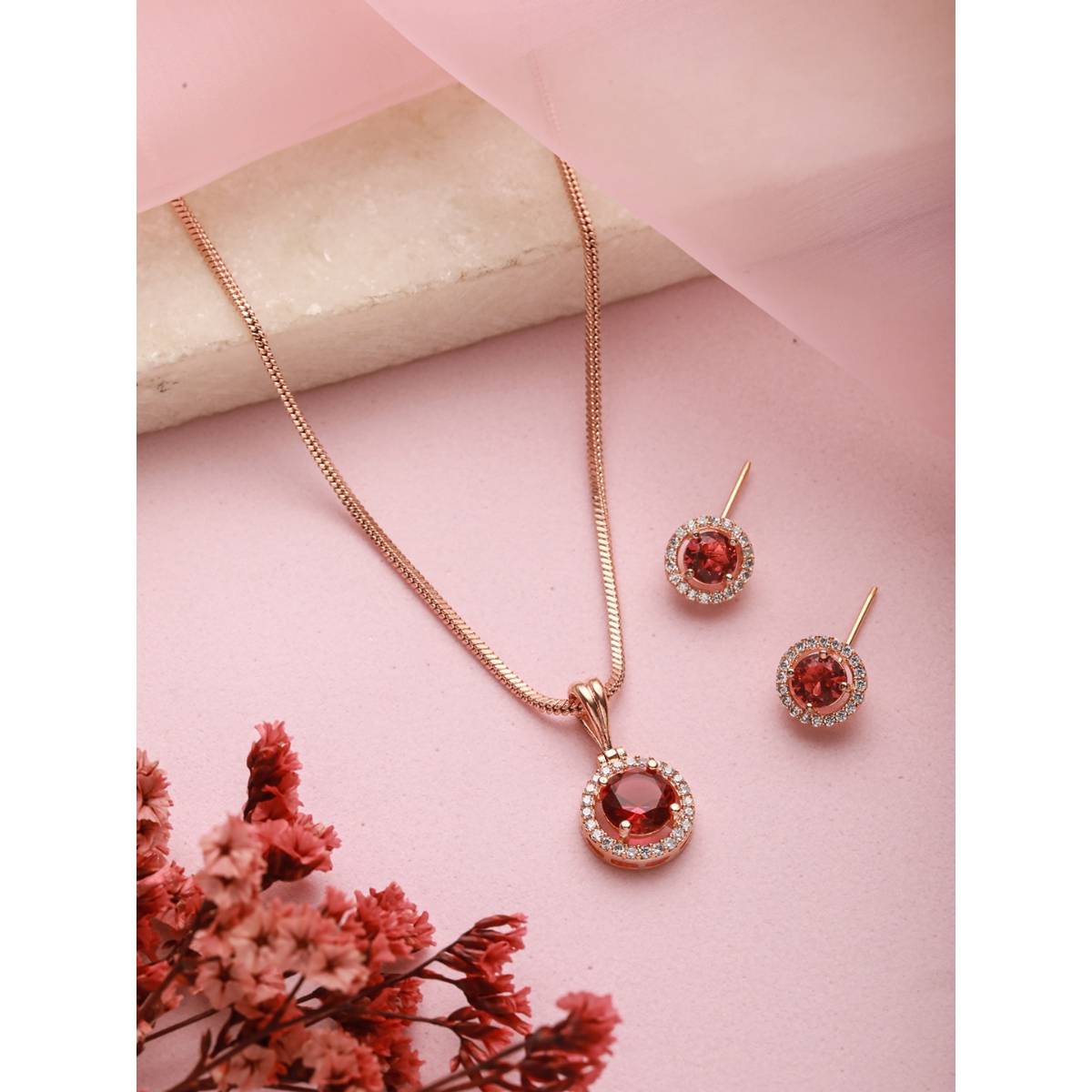 Aatmana Rose Gold-Plated Red AD Stone-Studded Pendent Set