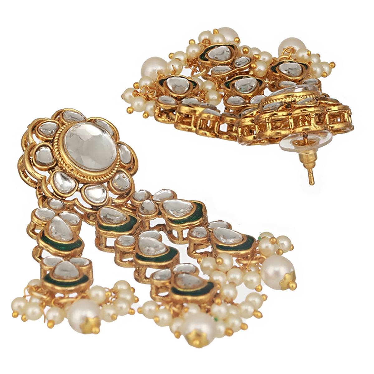 Aatmana Gold-Toned & Kundan & Pearl Studded Green Enamelled Maang Tikka with Earring Set · One Size
