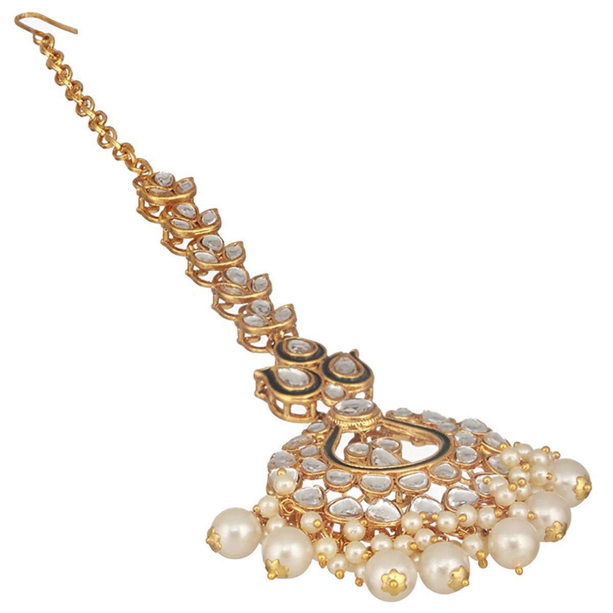 Aatmana Gold-Toned & Kundan & Pearl Studded Green Enamelled Maang Tikka with Earring Set