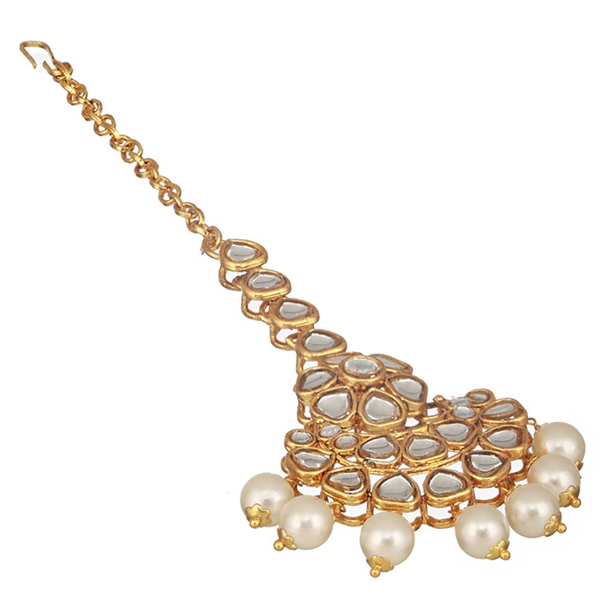 Aatmana Gold-Plated & Off-White Artificial Stone-Studded Beaded Maang Tikka