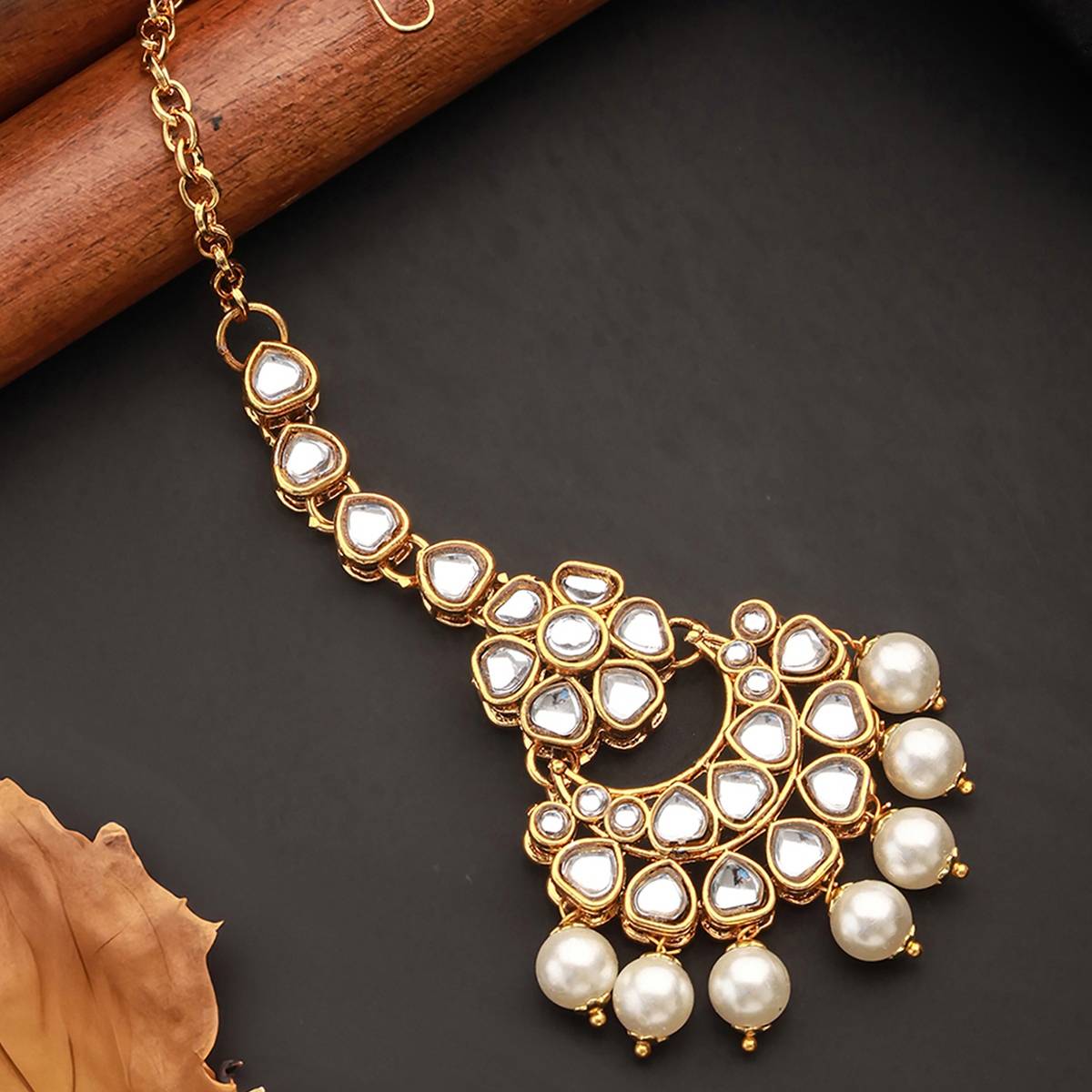 Aatmana Gold-Plated & Off-White Artificial Stone-Studded Beaded Maang Tikka