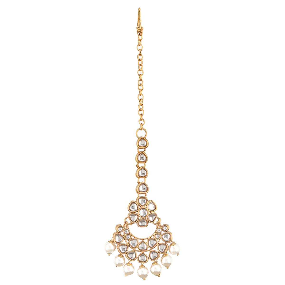 Aatmana Gold-Plated & Off-White Artificial Stone-Studded Beaded Maang Tikka