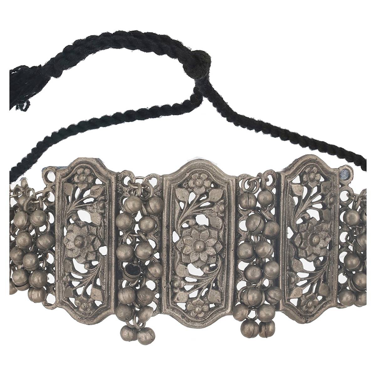 Aatmana Silver-Plated & Beaded Oxidized Floral Choker Jewellery Set