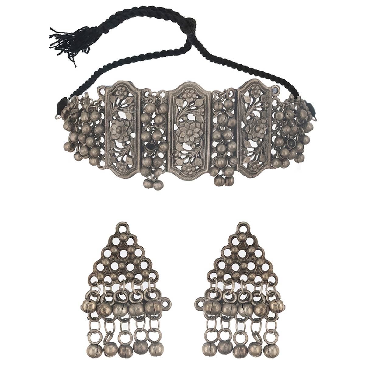 Aatmana Silver-Plated & Beaded Oxidized Floral Choker Jewellery Set
