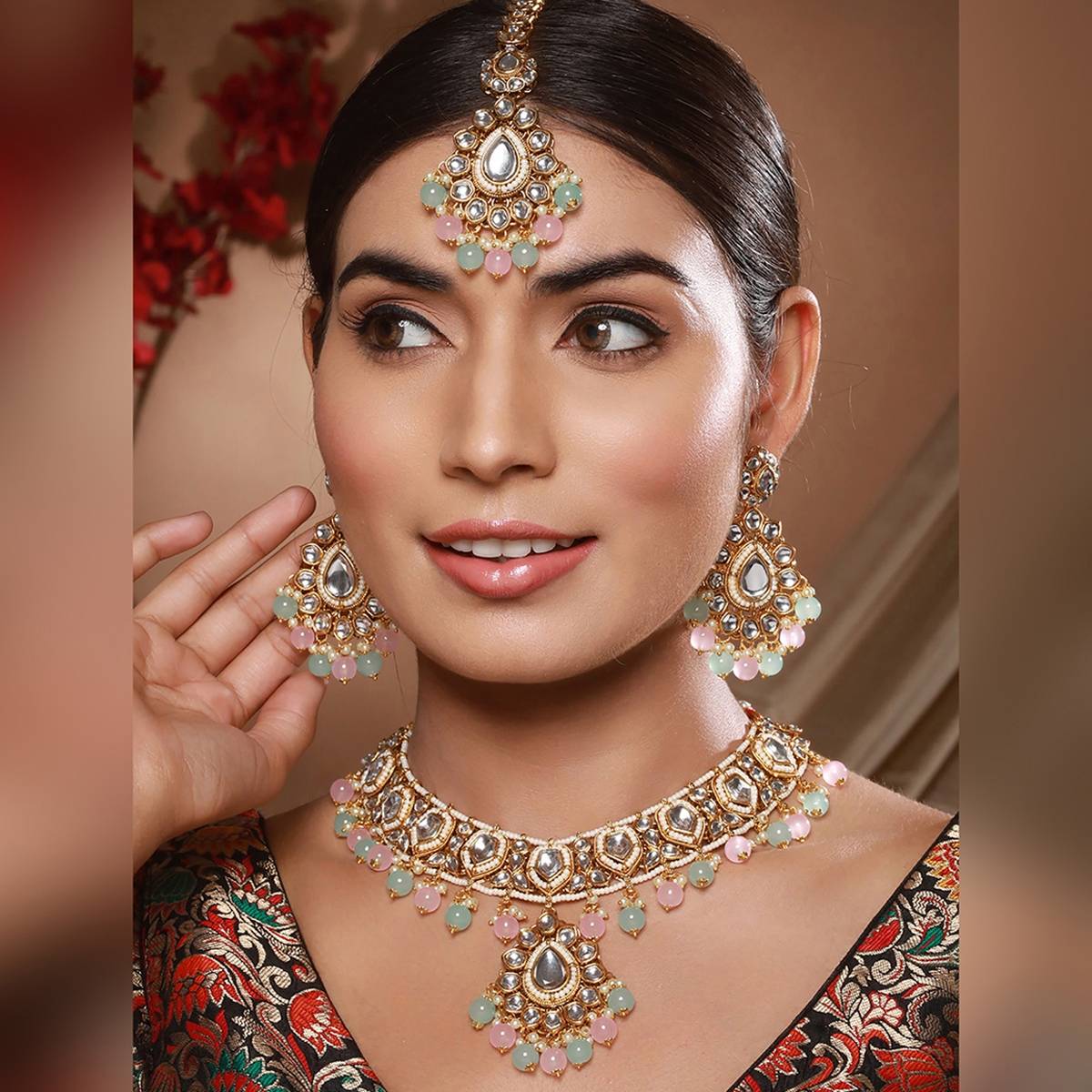 Aatmana Gold-Plated Lime-Green & Pink Kundan-Studded Choker Handcrafted Jewellery Set