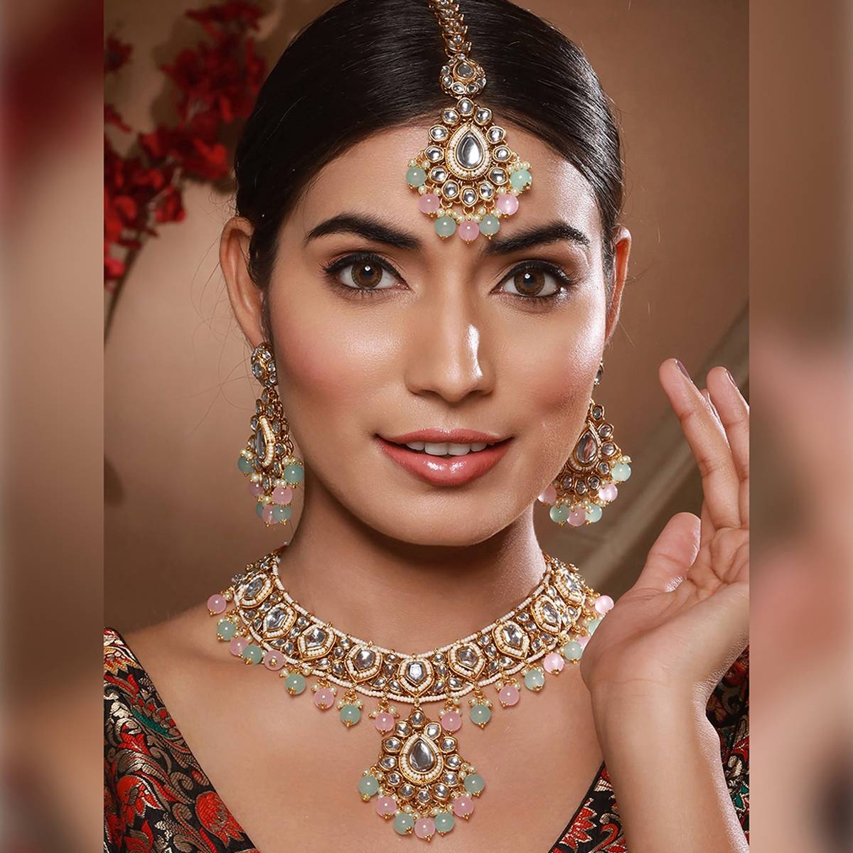 Aatmana Gold-Plated Lime-Green & Pink Kundan-Studded Choker Handcrafted Jewellery Set