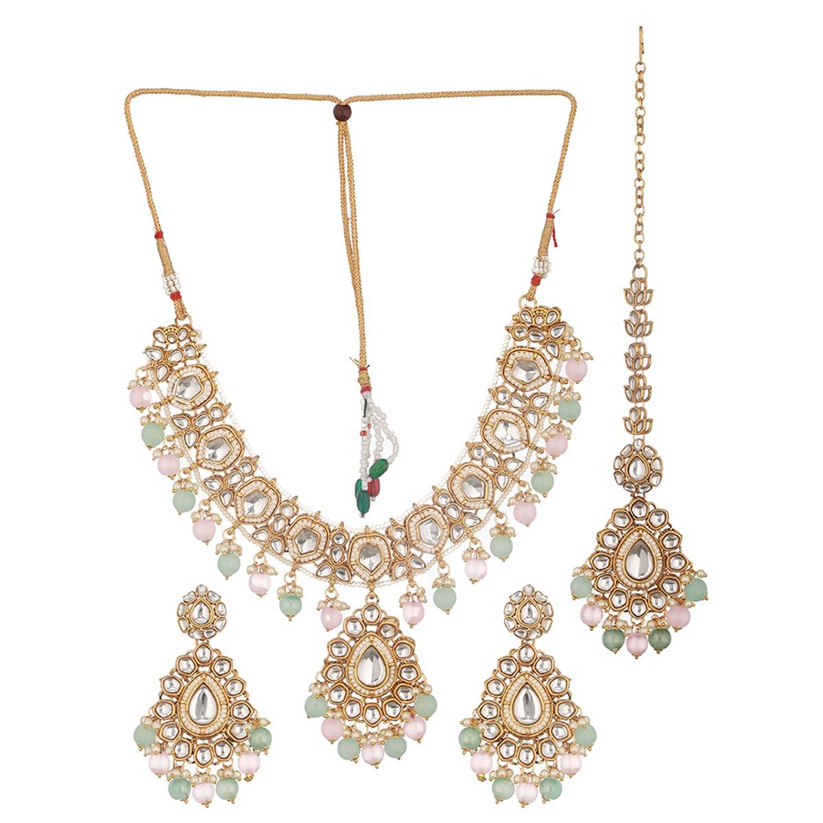 Aatmana Gold-Plated Lime-Green & Pink Kundan-Studded Choker Handcrafted Jewellery Set