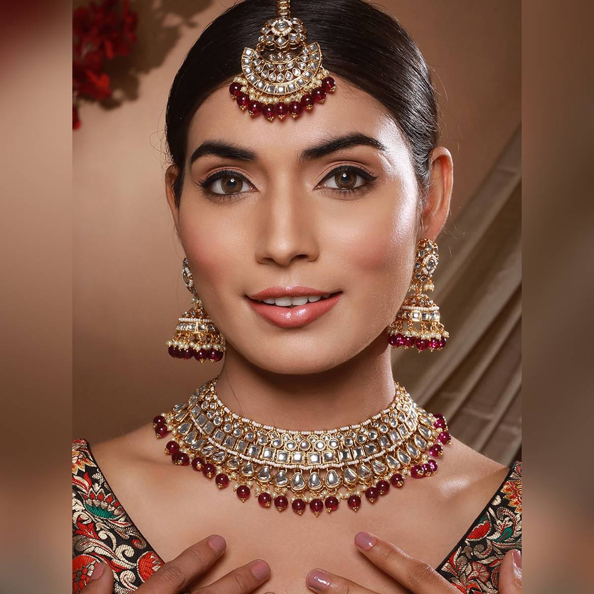 Aatmana Gold-Plated & Wine Kundan Studded Jewellery Set · One Size
