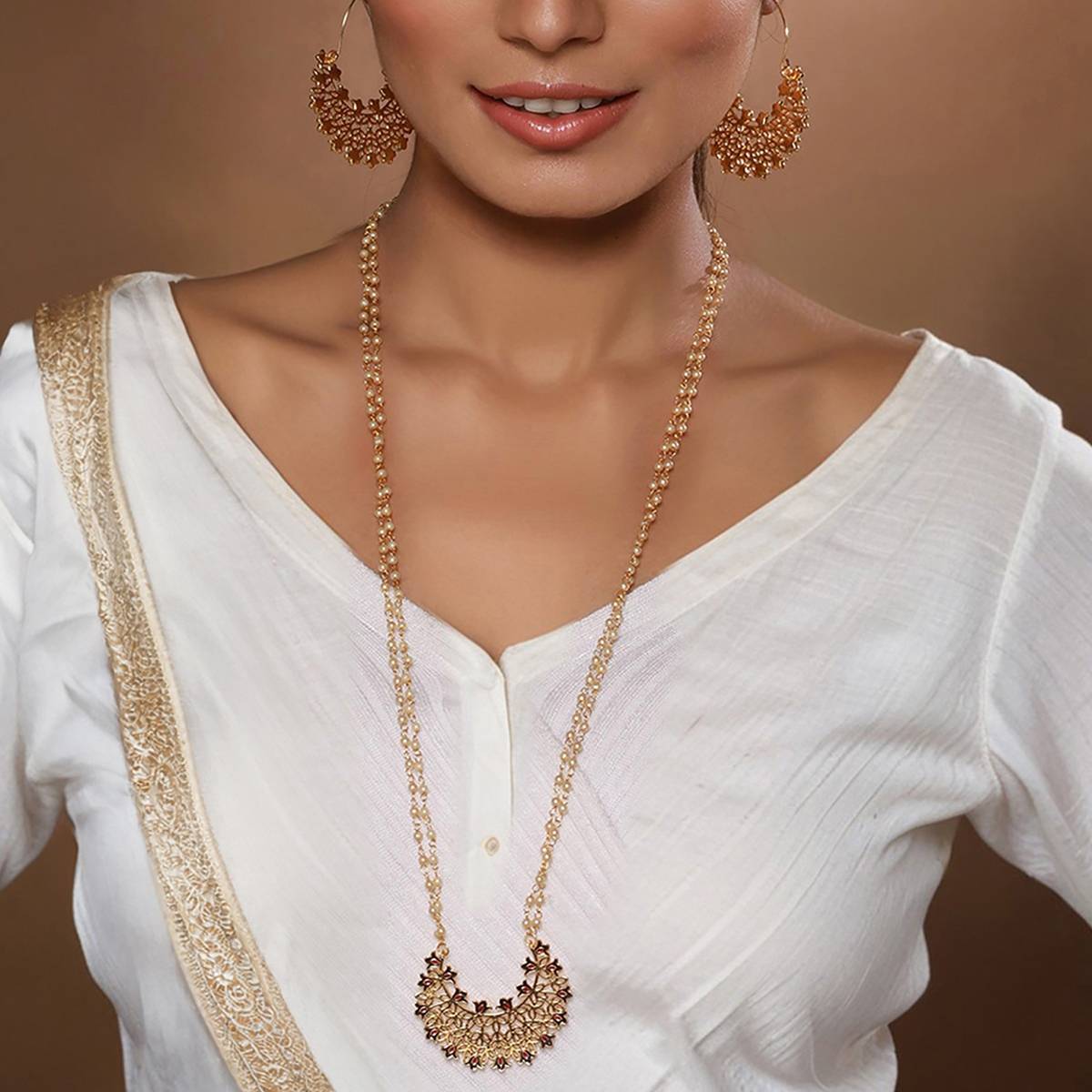 Aatmana Gold-Plated Faux Pearl Beaded Layered Enamelled Long Jewellery Set