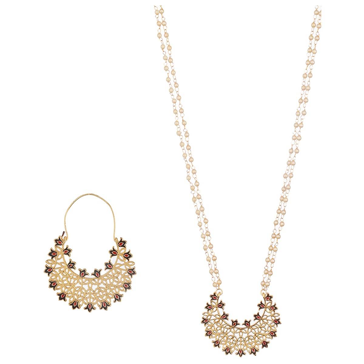 Aatmana Gold-Plated Faux Pearl Beaded Layered Enamelled Long Jewellery Set