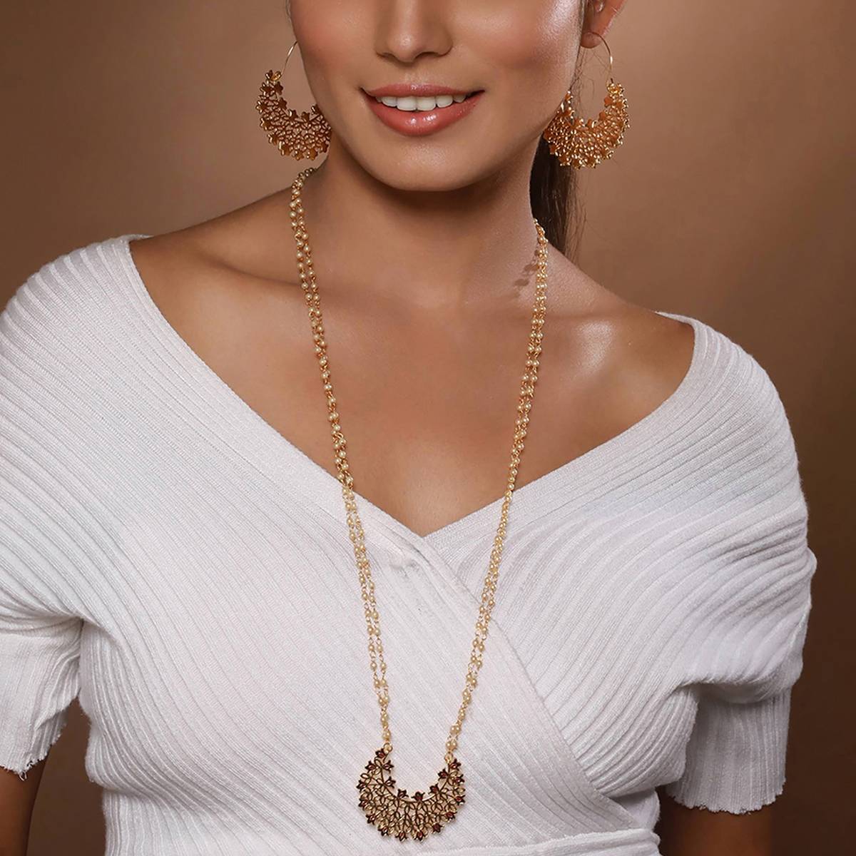 Aatmana Gold-Plated Faux Pearl Beaded Layered Enamelled Long Jewellery Set