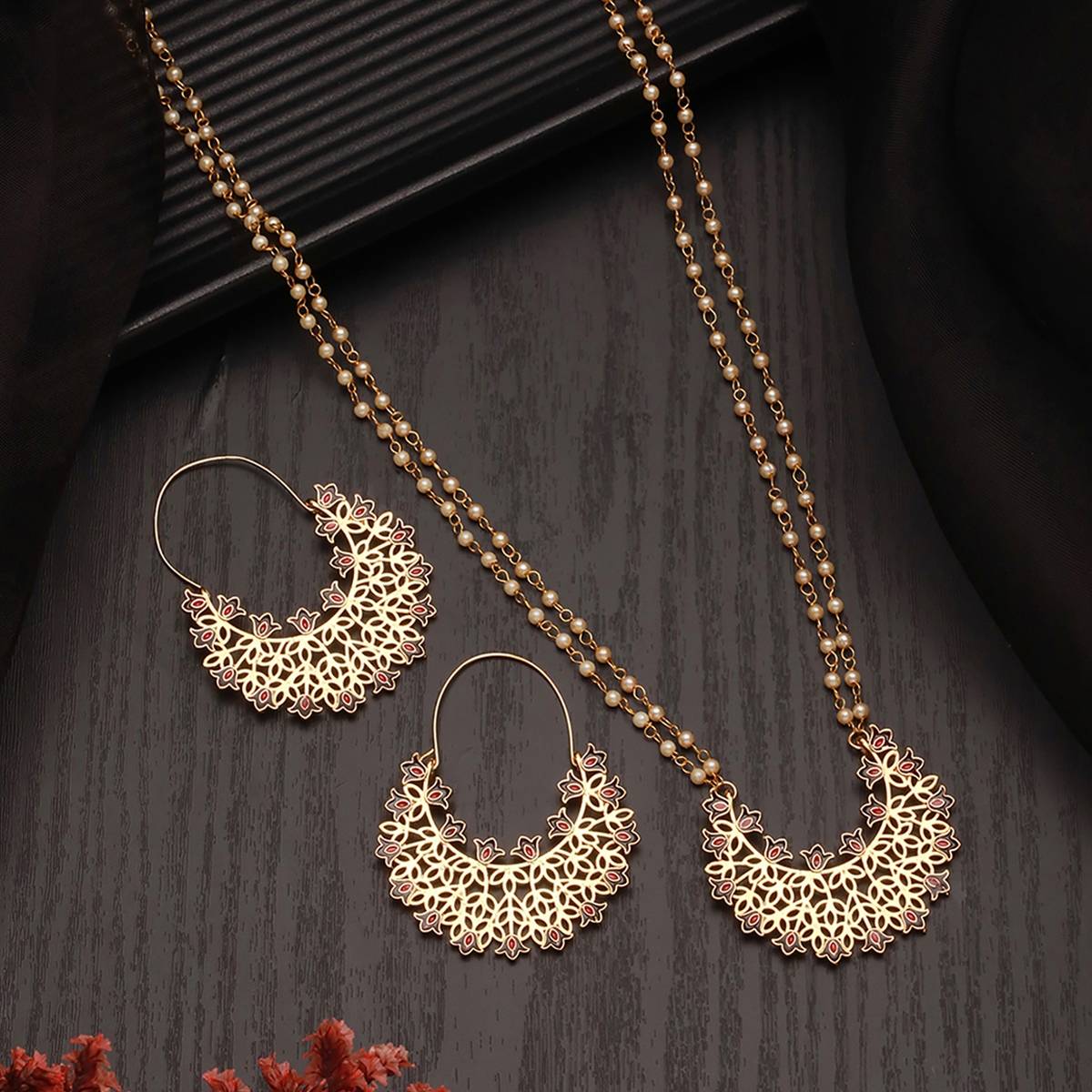 Aatmana Gold-Plated Faux Pearl Beaded Layered Enamelled Long Jewellery Set