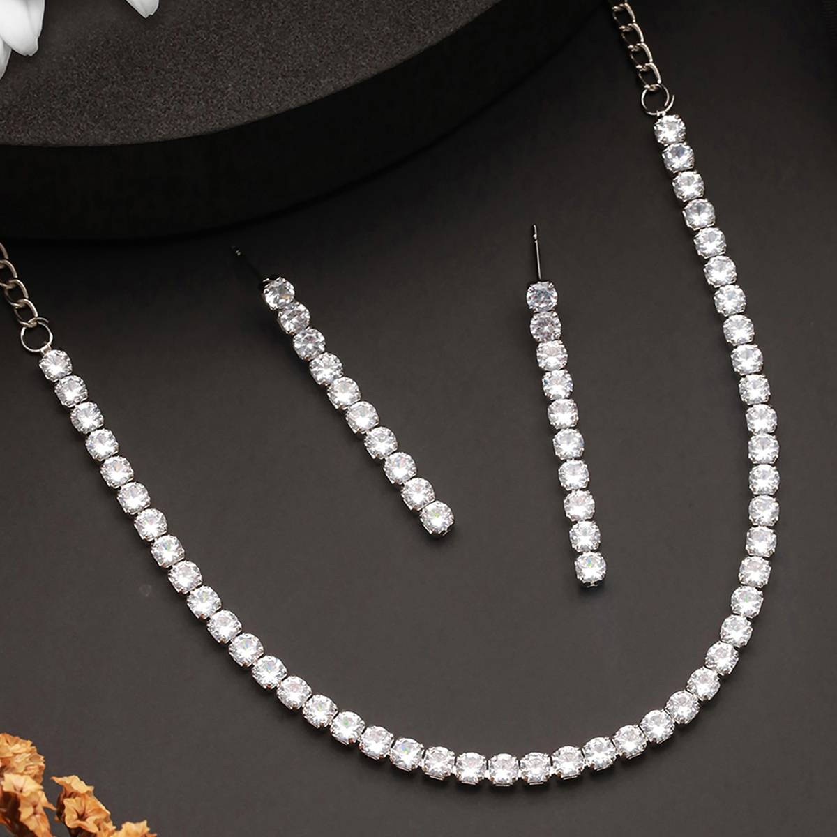 Aatmana Silver-Plated AD-Studded Necklace & Earrings