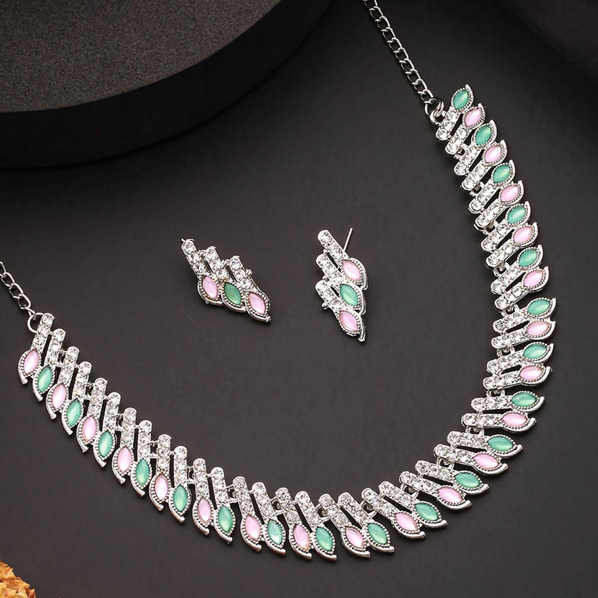 Aatmana Silver-Plated Mint Green & Pink Stone & CZ Studded Jewellery Set