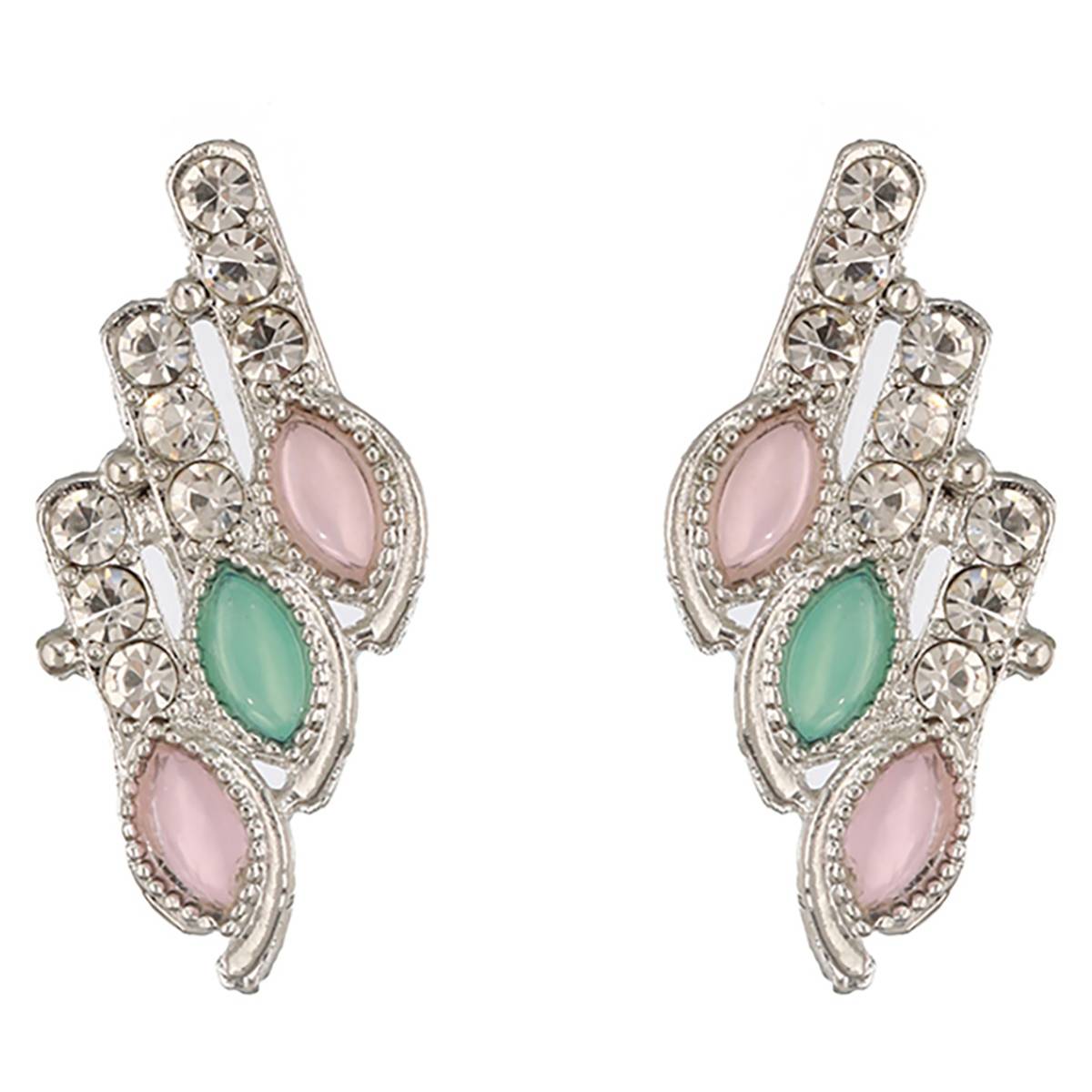 Aatmana Silver-Plated Mint Green & Pink Stone & CZ Studded Jewellery Set