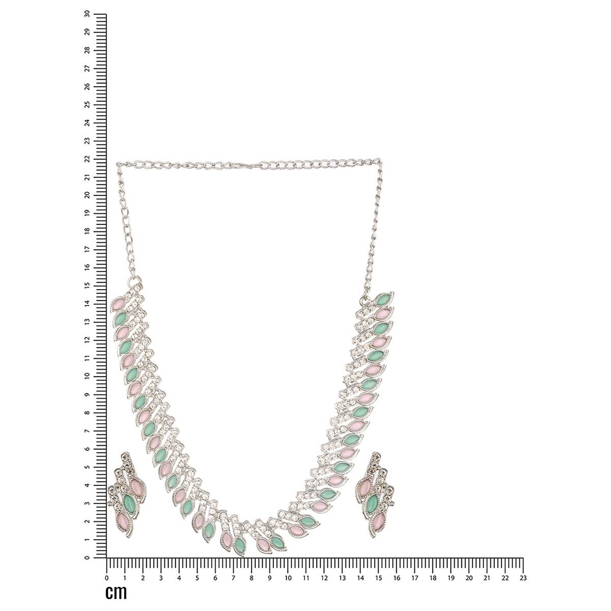 Aatmana Silver-Plated Mint Green & Pink Stone & CZ Studded Jewellery Set