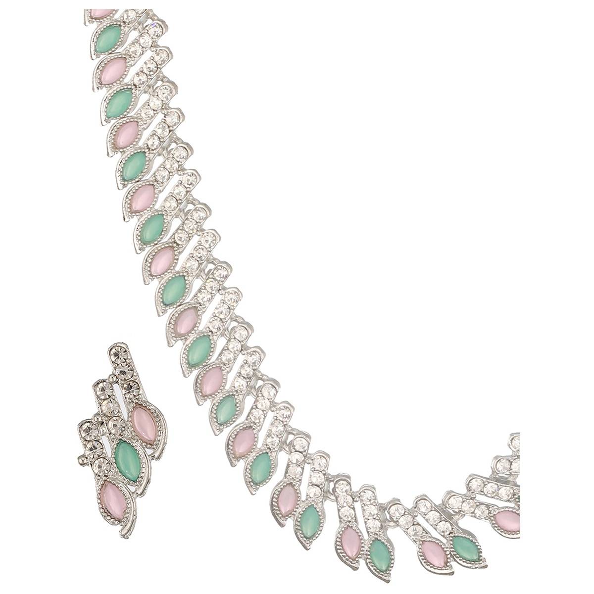 Aatmana Silver-Plated Mint Green & Pink Stone & CZ Studded Jewellery Set