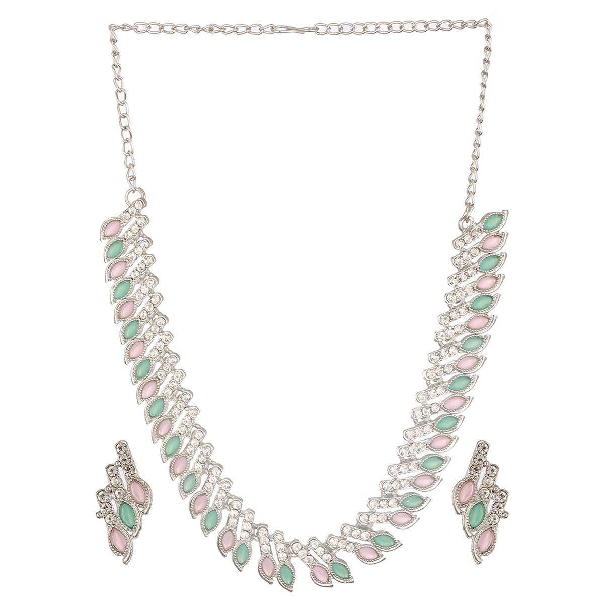 Aatmana Silver-Plated Mint Green & Pink Stone & CZ Studded Jewellery Set