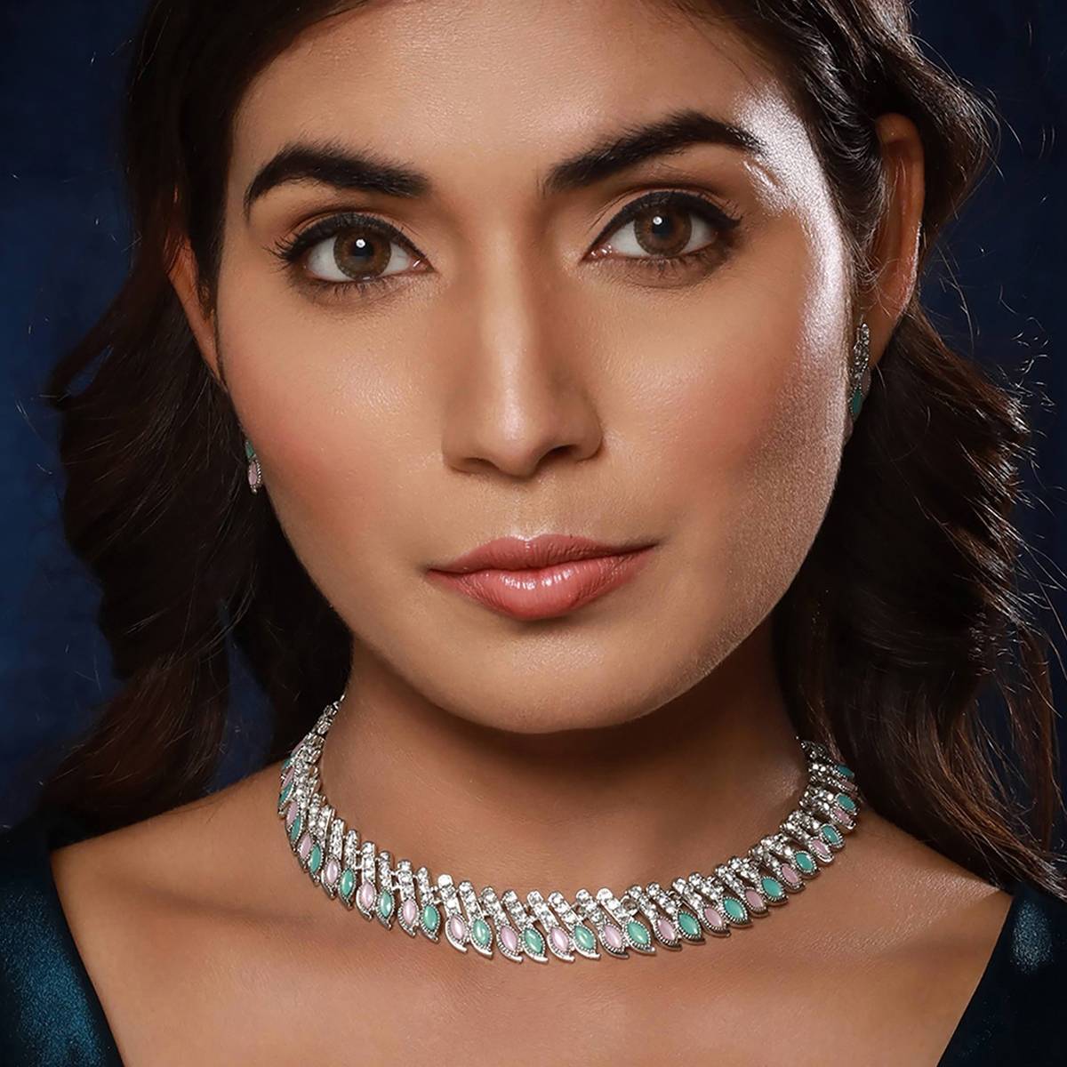 Aatmana Silver-Plated Mint Green & Pink Stone & CZ Studded Jewellery Set
