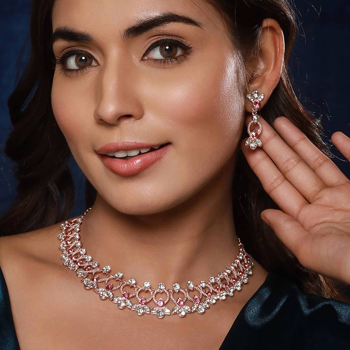 Aatmana Rose Gold-Plated Red & White CZ-Studded Jewellery Set