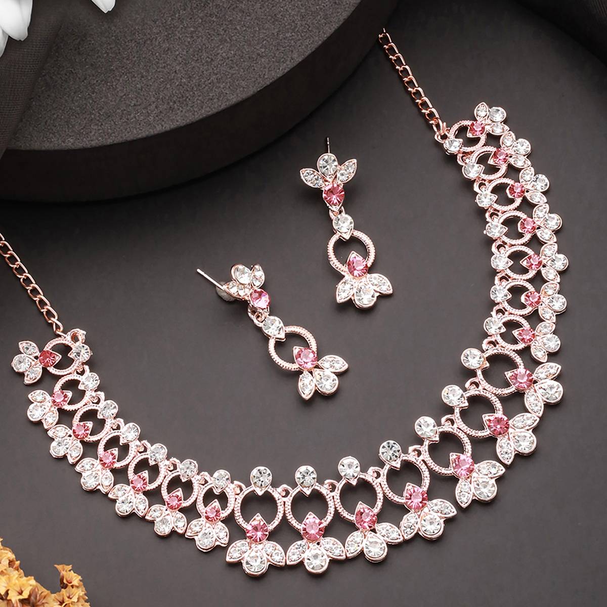 Aatmana Rose Gold-Plated Red & White CZ-Studded Jewellery Set