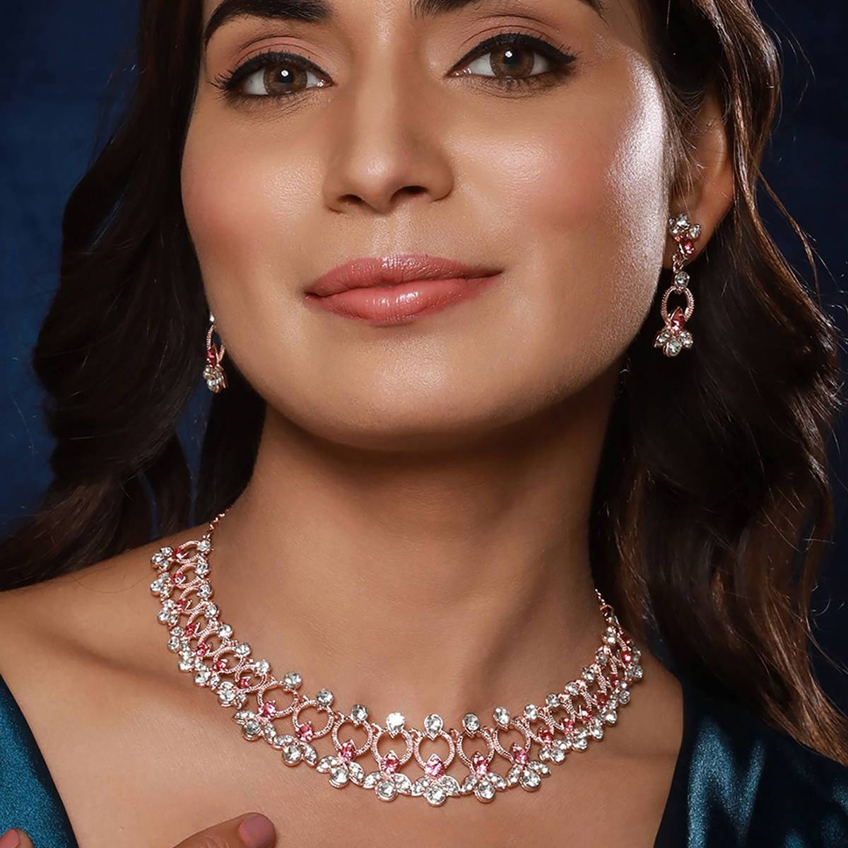 Aatmana Rose Gold-Plated Red & White CZ-Studded Jewellery Set