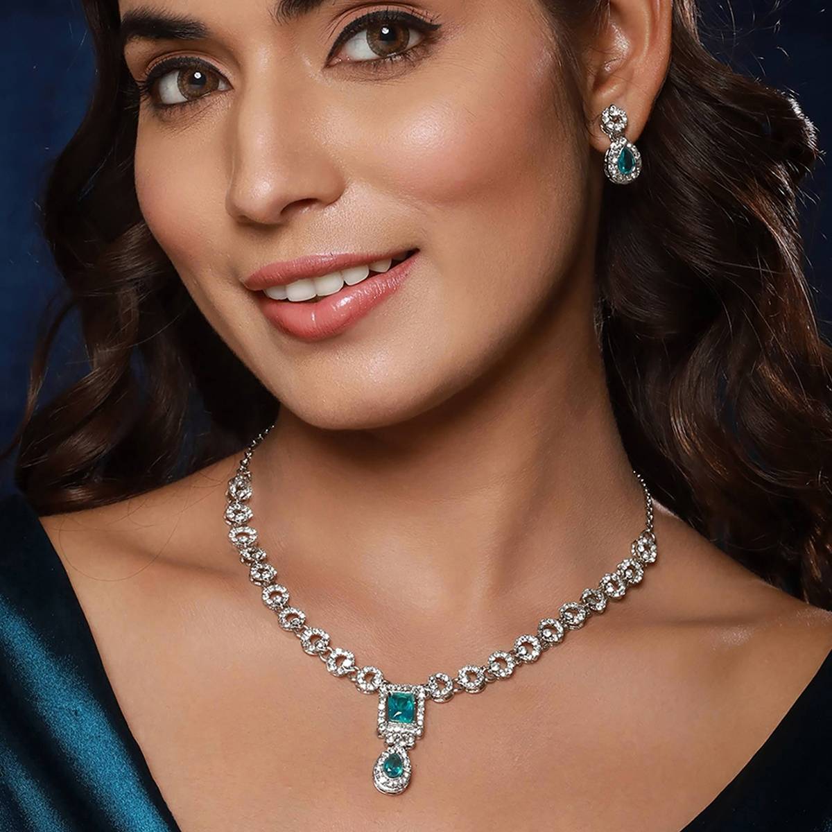 Aatmana Rhodium-Plated Green Stone & CZ Studded Jewellery Set · One Size