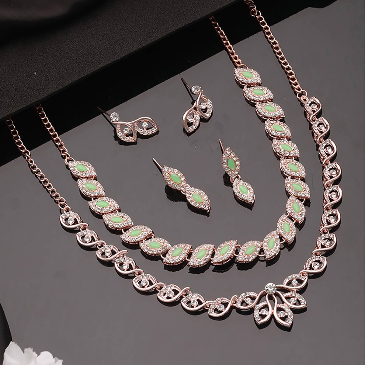 Aatmana Set of 2 Rosegold Plated Mint Green & White CZ Studded Jewellery Set · One Size