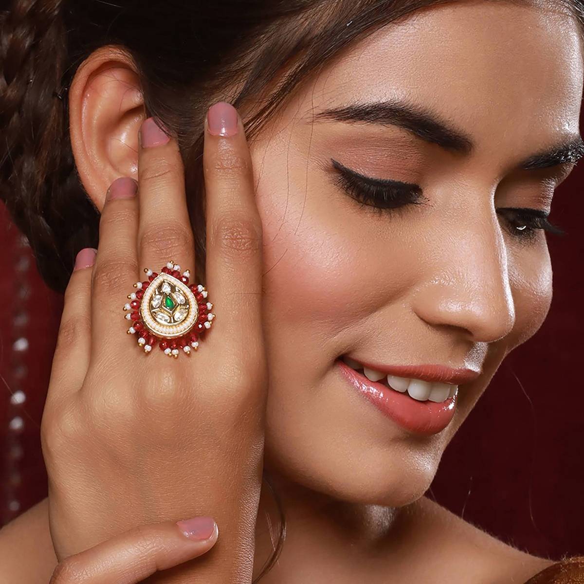 Aatmana Green & White Kundan Studded & Beaded Adjustable Finger Ring · One Size