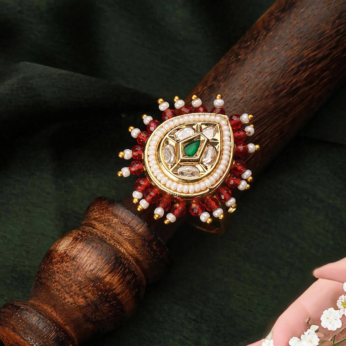 Aatmana Green & White Kundan Studded & Beaded Adjustable Finger Ring