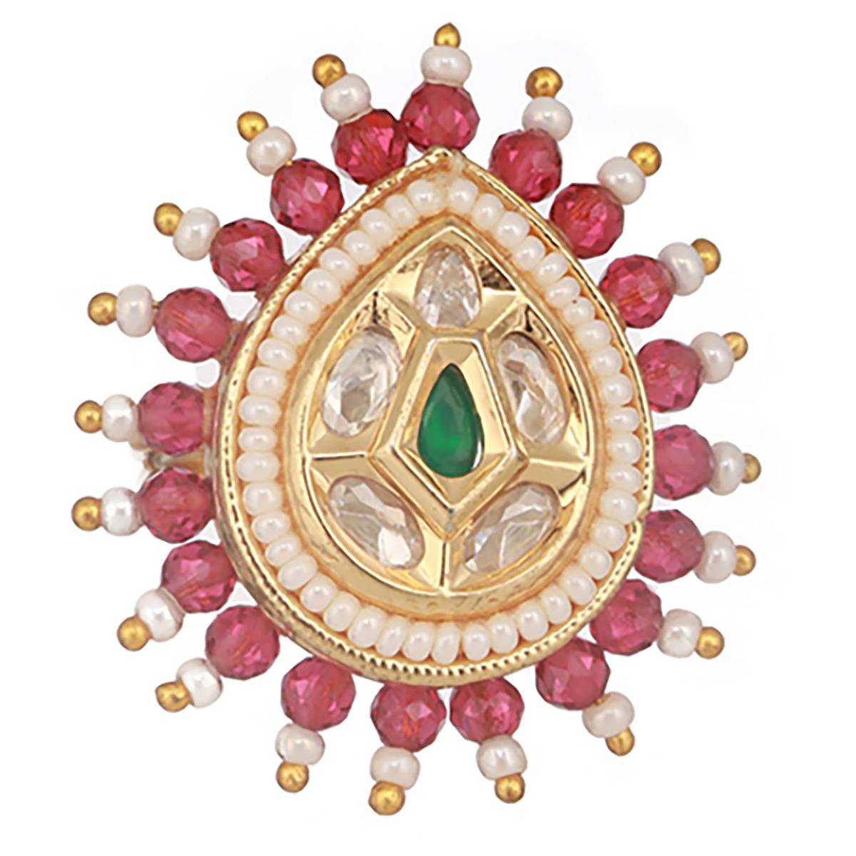 Aatmana Green & White Kundan Studded & Beaded Adjustable Finger Ring