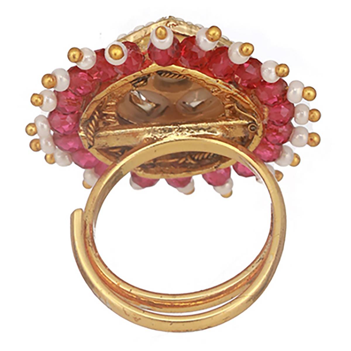 Aatmana Green & White Kundan Studded & Beaded Adjustable Finger Ring
