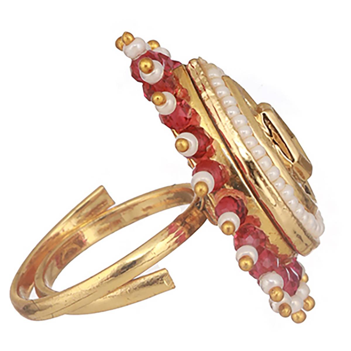 Aatmana Green & White Kundan Studded & Beaded Adjustable Finger Ring