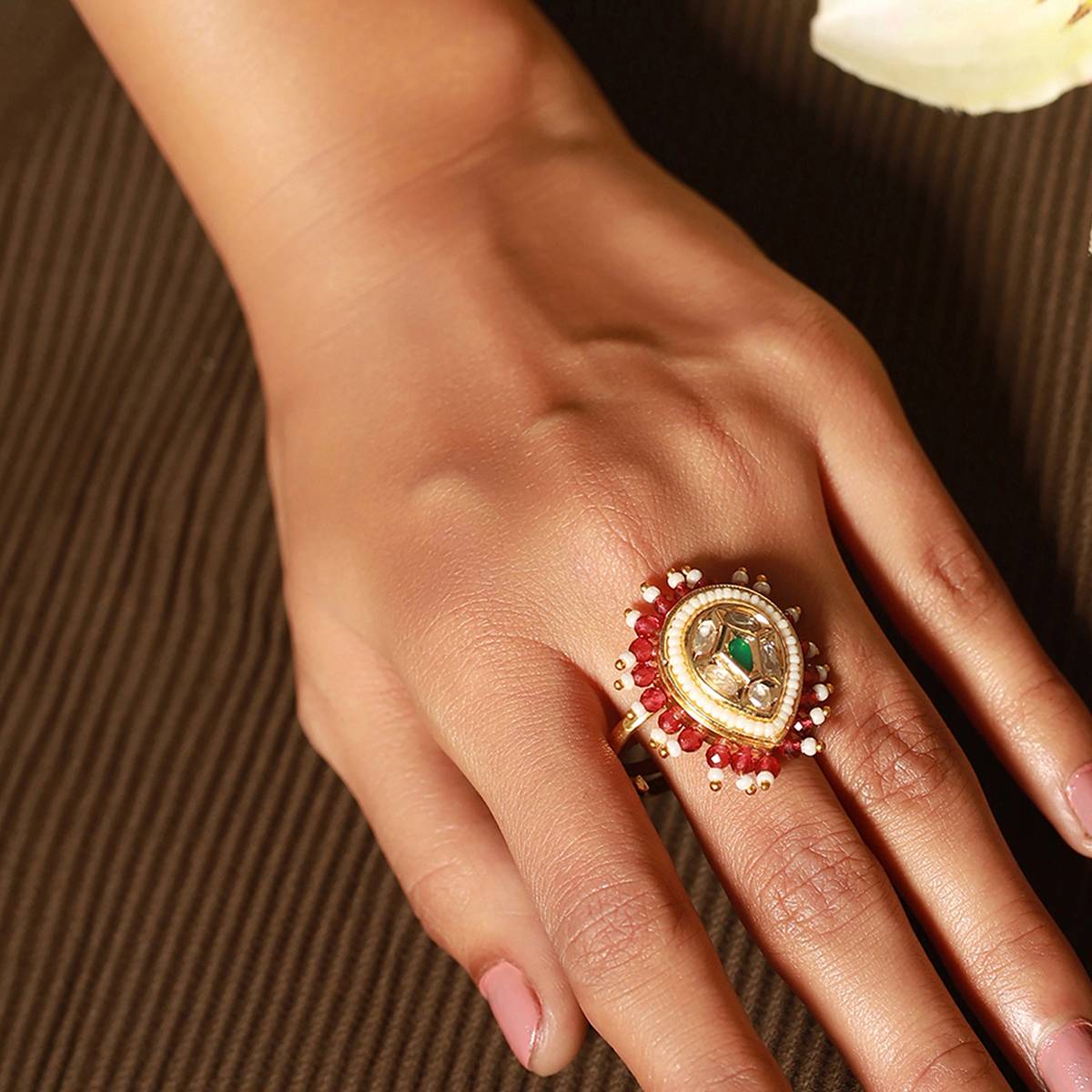 Aatmana Green & White Kundan Studded & Beaded Adjustable Finger Ring