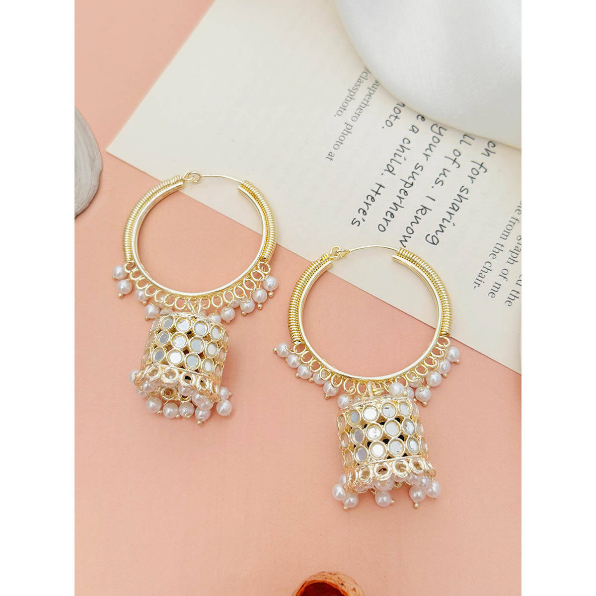Abdesigns White Pearl Gold-Plated Kundan Studded Drop Earrings · One Size