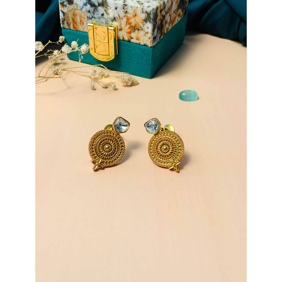 Abdesigns Contemporary Polki Gold Plated White Stone Earrings