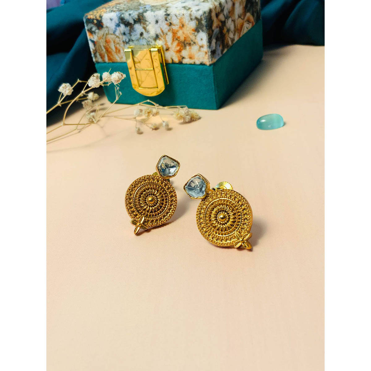 Abdesigns Contemporary Polki Gold Plated White Stone Earrings
