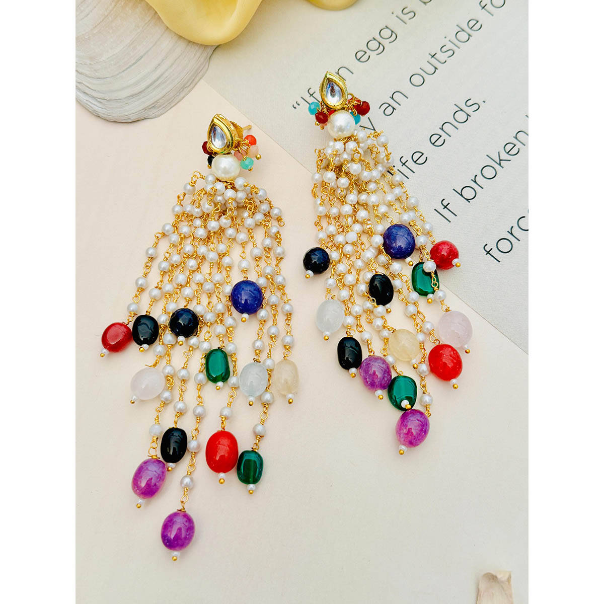 Abdesigns Multi-Color Studded Pearl Gold-Plated Drop Earrings · One Size