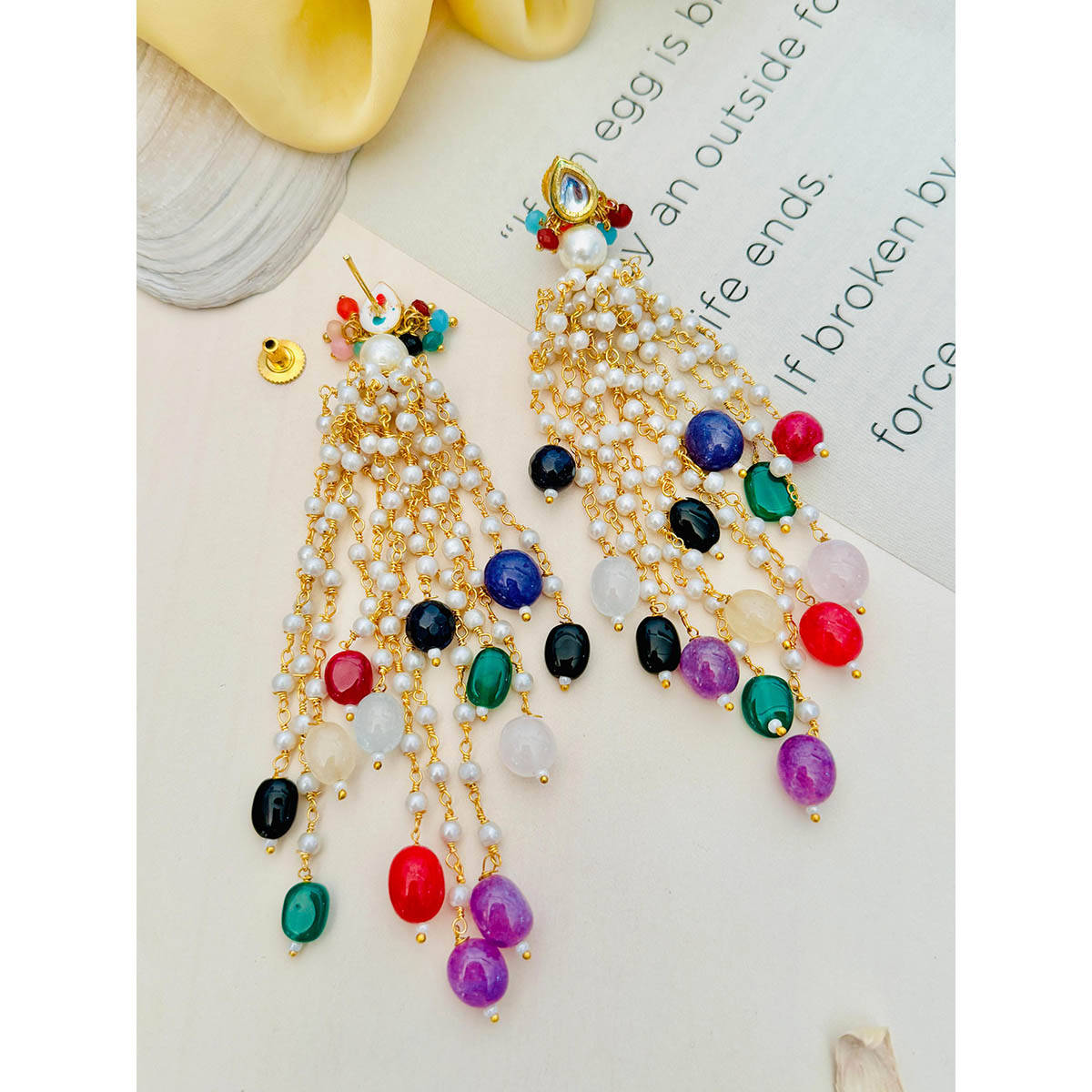 Abdesigns Multi-Color Studded Pearl Gold-Plated Drop Earrings · One Size