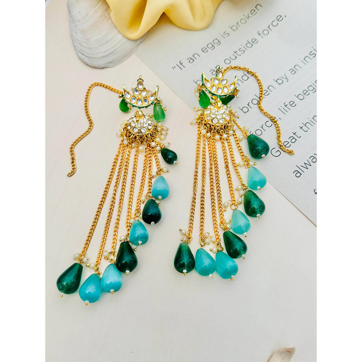 Abdesigns Gold-Plated Green Studded-Beaded Drop Earrings · One Size