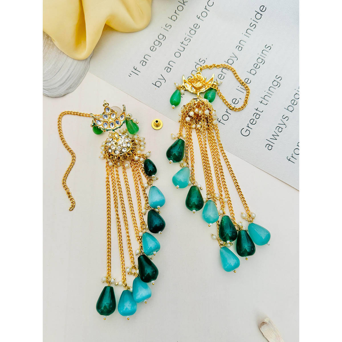 Abdesigns Gold-Plated Green Studded-Beaded Drop Earrings · One Size