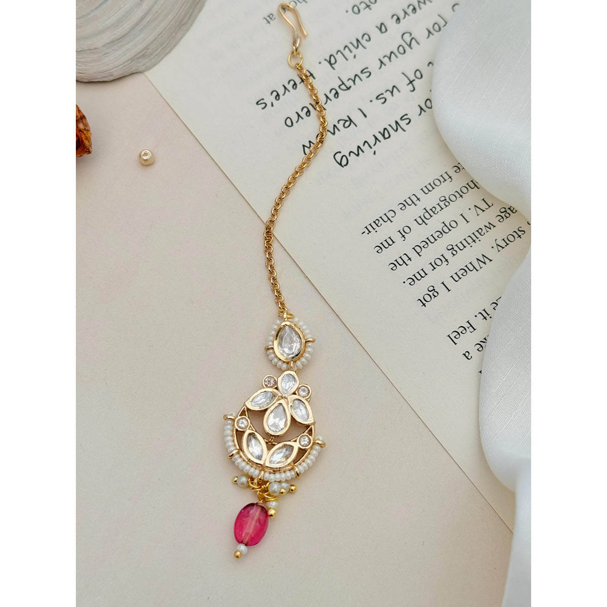 Abdesigns Gold-Plated Pink Polki Kundan Studded Maangtikka
