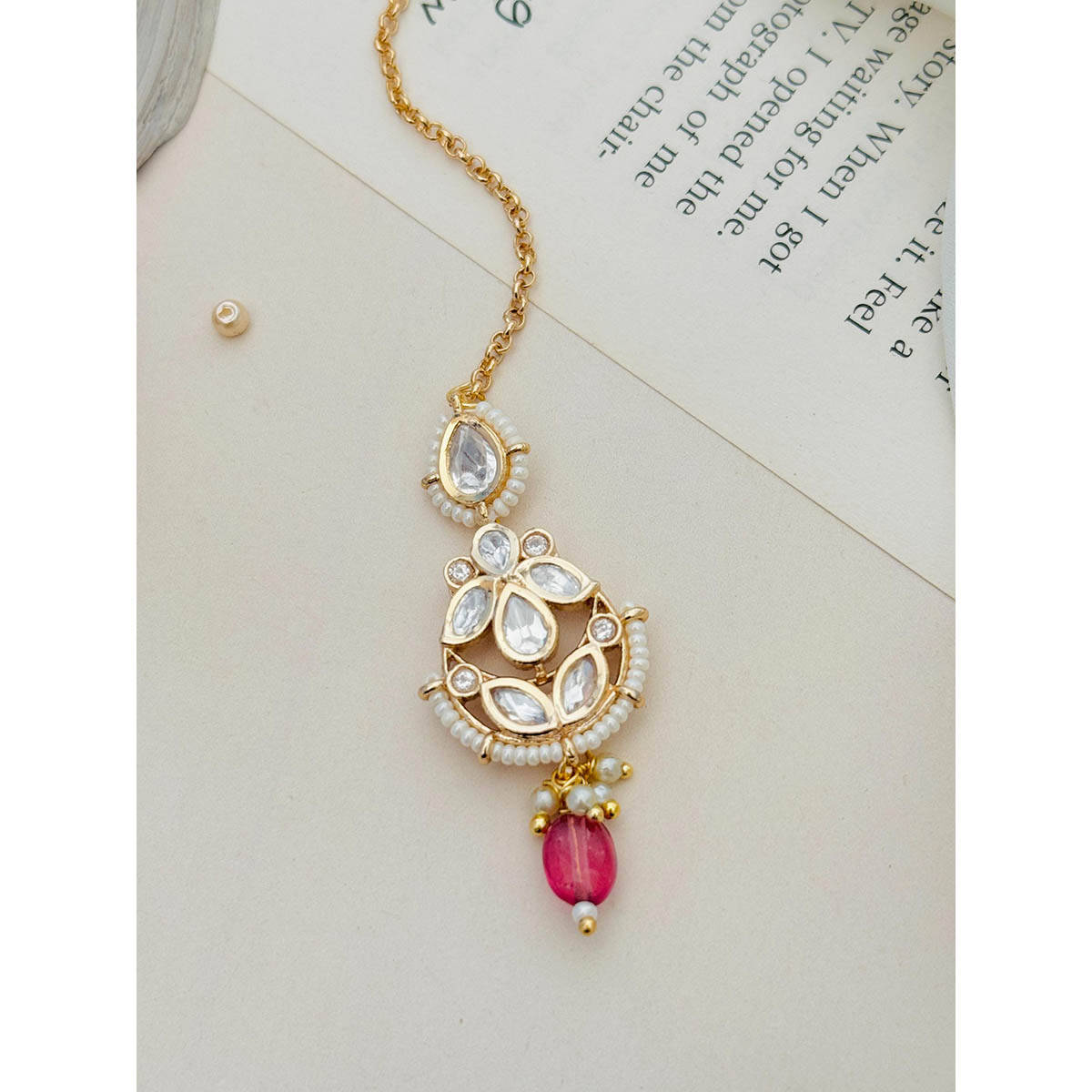 Abdesigns Gold-Plated Pink Polki Kundan Studded Maangtikka