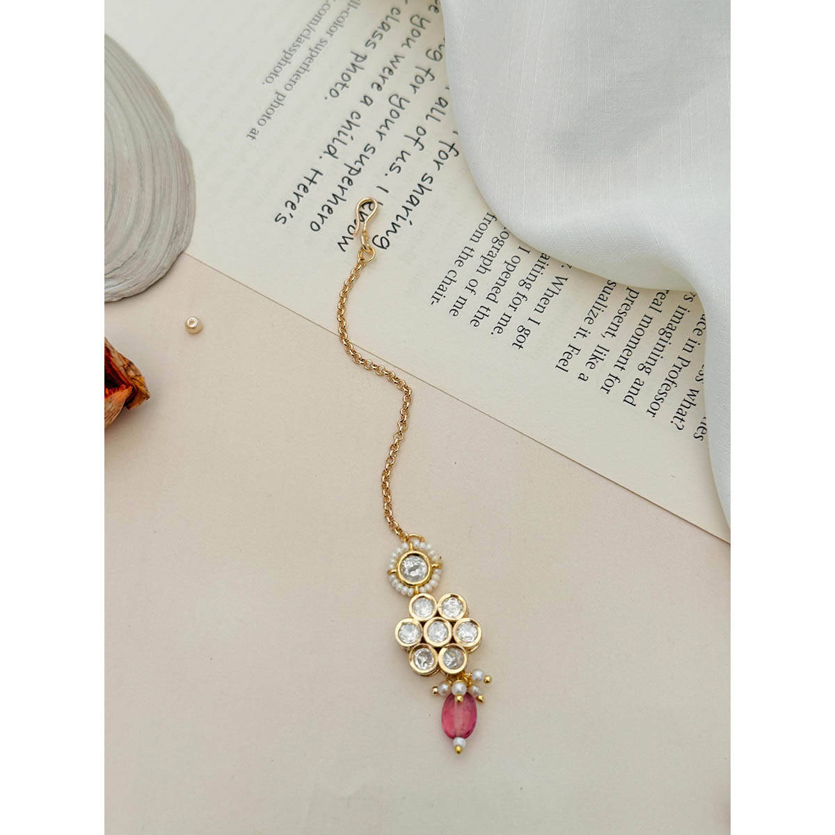 Abdesigns Gold-Plated Pink Floral Polki Kundan Studded Maangtikka · One Size