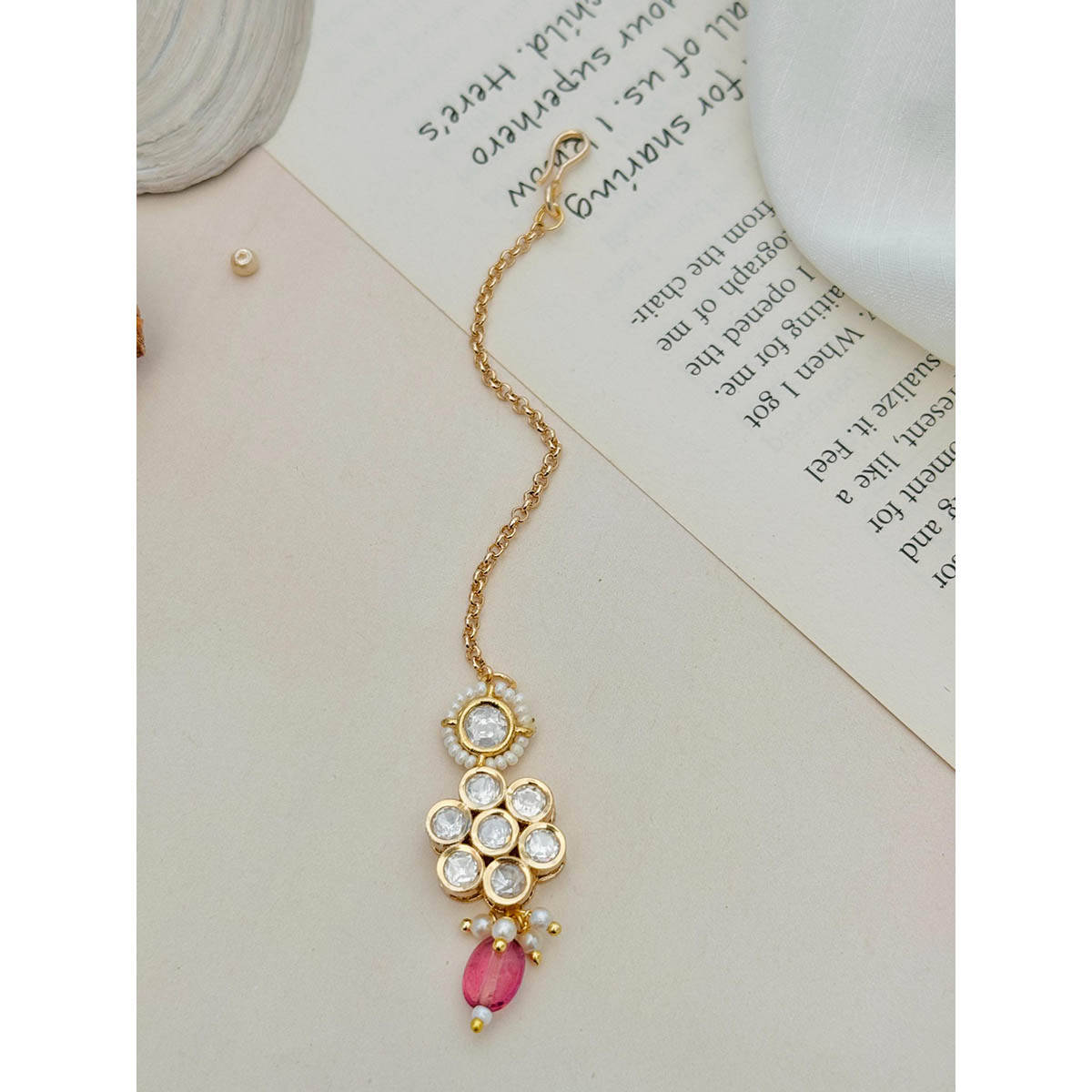 Abdesigns Gold-Plated Pink Floral Polki Kundan Studded Maangtikka