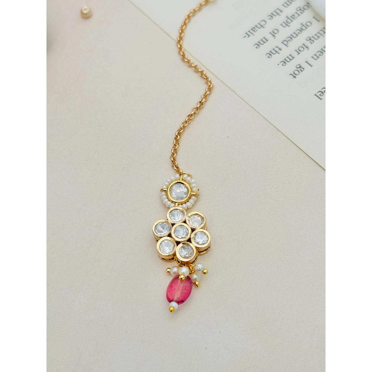 Abdesigns Gold-Plated Pink Floral Polki Kundan Studded Maangtikka
