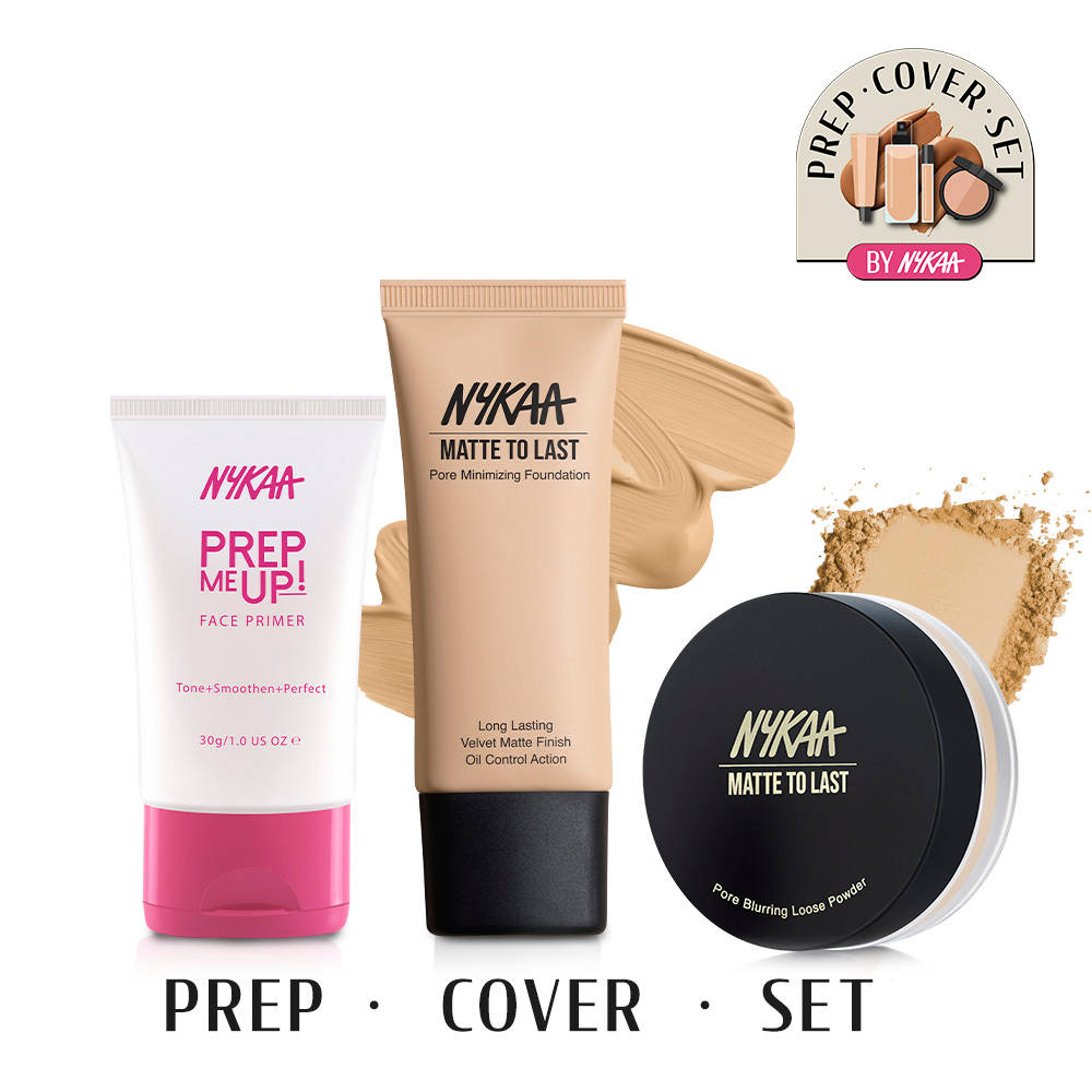 Nykaa Prep Cover Set For Oily Skin - Pore Minimizing Matte Primer, Foundation & Loose Powder