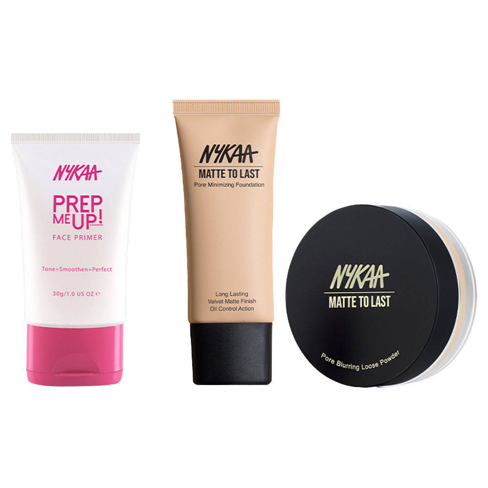 Nykaa Prep Cover Set For Oily Skin - Pore Minimizing Matte Primer, Foundation & Loose Powder
